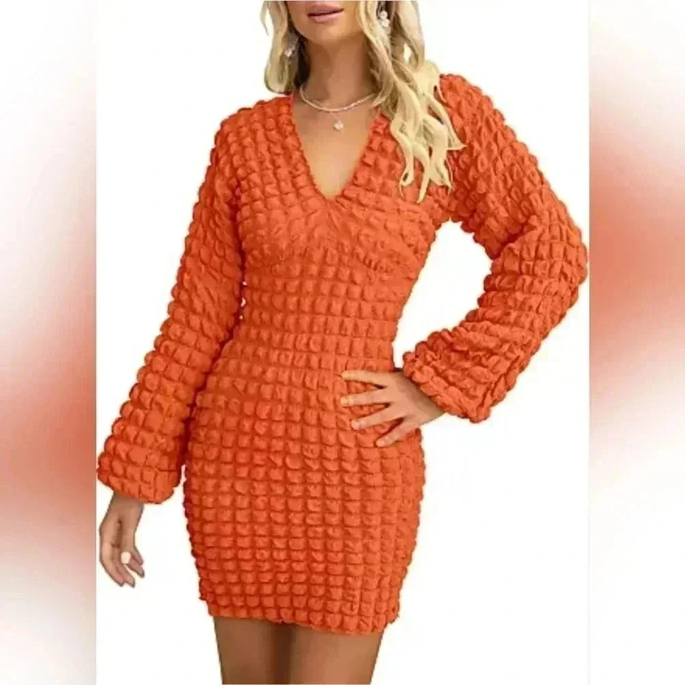PRETTYGARDEN Mini Long Puff Sleeve V Neck Bodycon Dress Red Sz M‎ (8-10) NWT